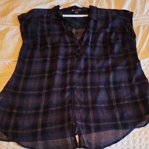 Love & Legend Navy Plaid Sheer Blouse